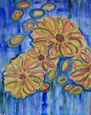 I painted this in a class from a set up that was primarily a vase of sunflowers. Because I derive much  more pleasure from personal interpretation of a subject than replicating it, I merely used the s